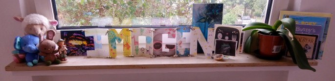 Fun (again Pinterest-inspired) name bunting made with cute shower cards