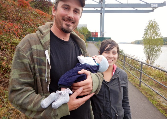 Ted, Imogen, and Nina on the bike path in Bonn.